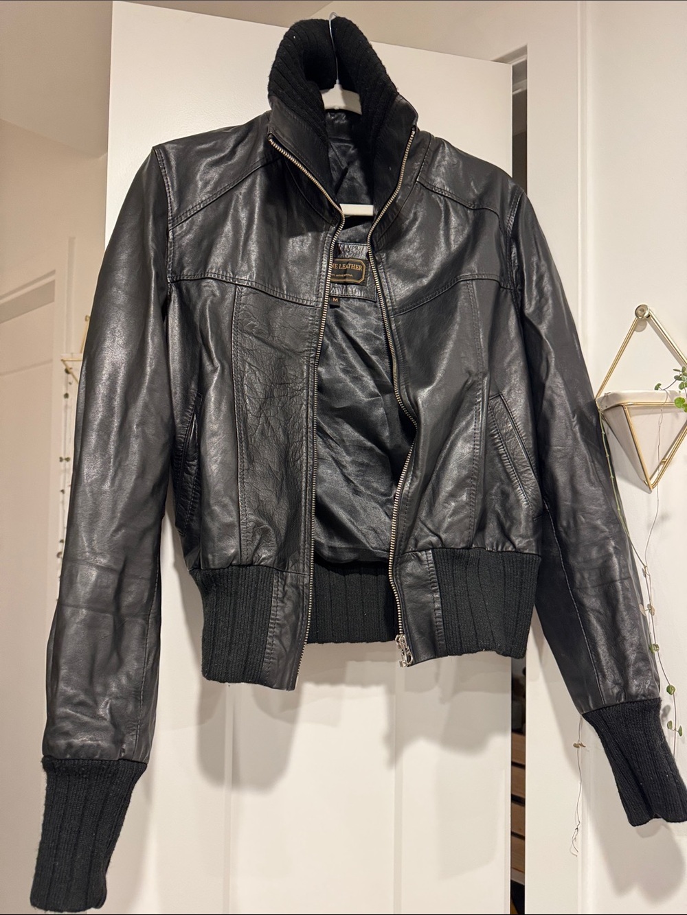 Black Women's Leather Bomber Jacket with Rib Knit Trim